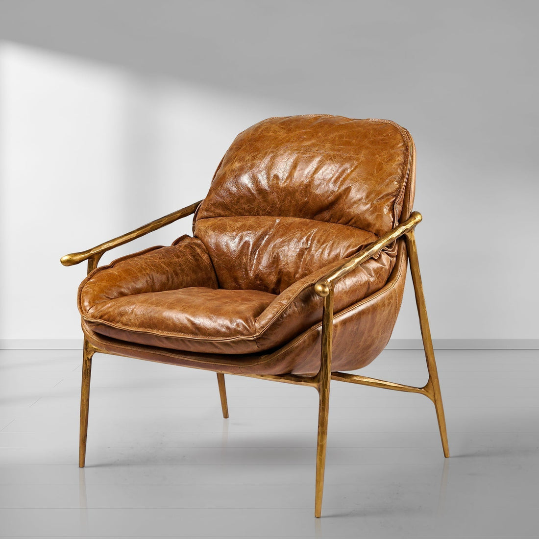 Thaddeus Forged Iron Brown Leather Accent Chairs - King Lamps