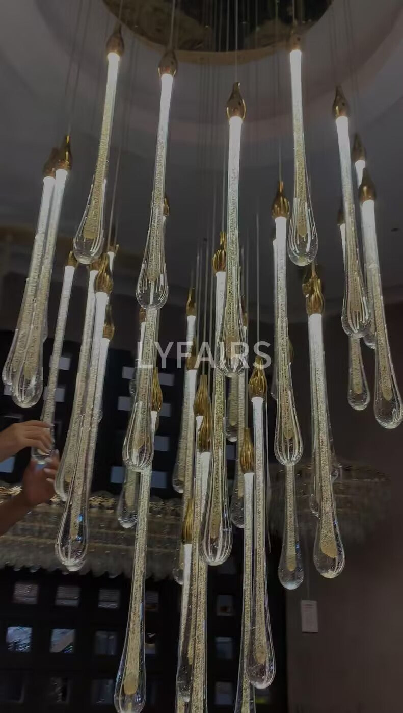 Foyer Glass Drops Pendant Chandelier Spiral Staircase High Ceiling Light Fixture In Gold Finish-King Lamps