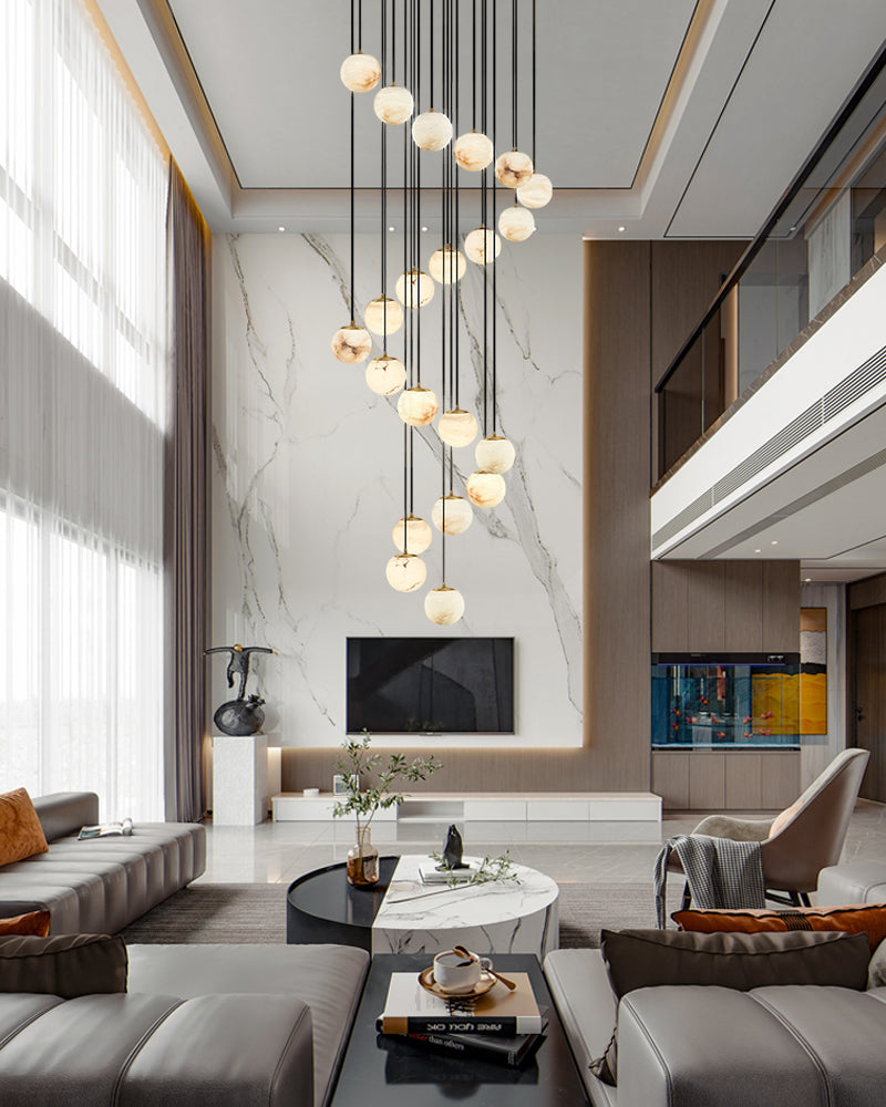 Alabaster Round Pendant Lamp with Cluster Ceiling Design for Stair Villa