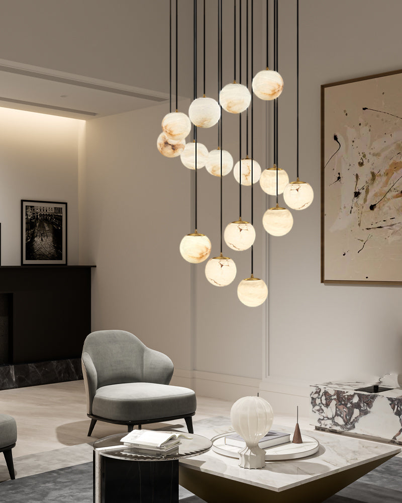 Alabaster Round Pendant Lamp with Cluster Ceiling Design for Stair Villa