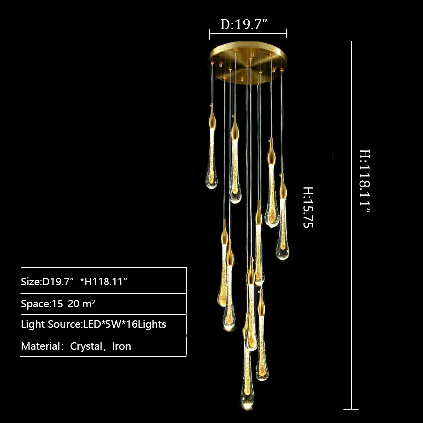 Foyer Glass Drops Pendant Chandelier Spiral Staircase High Ceiling Light Fixture In Gold Finish-King Lamps
