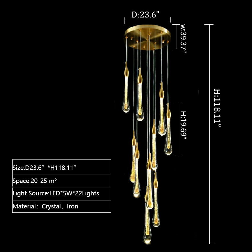 Foyer Glass Drops Pendant Chandelier Spiral Staircase High Ceiling Light Fixture In Gold Finish-King Lamps