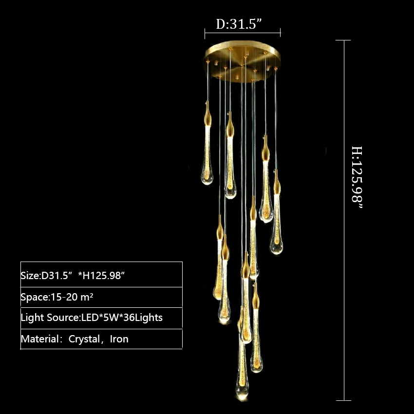 Foyer Glass Drops Pendant Chandelier Spiral Staircase High Ceiling Light Fixture In Gold Finish-King Lamps