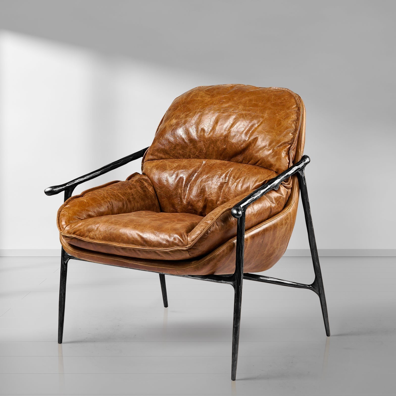 Thaddeus Forged Iron Brown Leather Accent Chairs - King Lamps