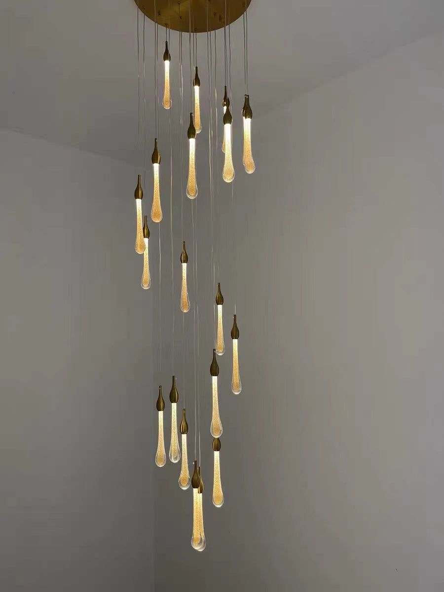 Foyer Glass Drops Pendant Chandelier Spiral Staircase High Ceiling Light Fixture In Gold Finish-King Lamps