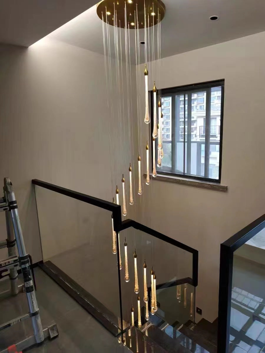 Foyer Glass Drops Pendant Chandelier Spiral Staircase High Ceiling Light Fixture In Gold Finish-King Lamps