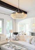 Black Finish Iron Semi Flush Mount Light Fixture Round Crystal Drops Ceiling Chandelier For Living Room