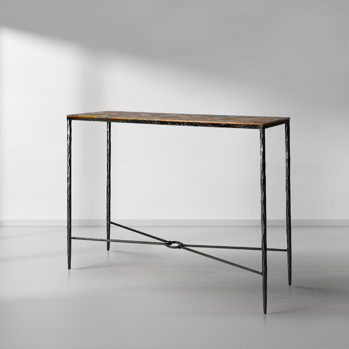 Thaddeus Forged Iron Metal Frame Elm Wood Console Table - King Lamps