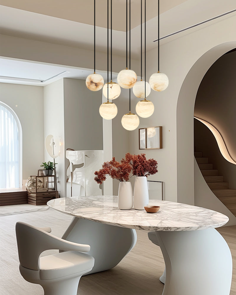 Alabaster Round Pendant Lamp with Cluster Ceiling Design for Stair Villa