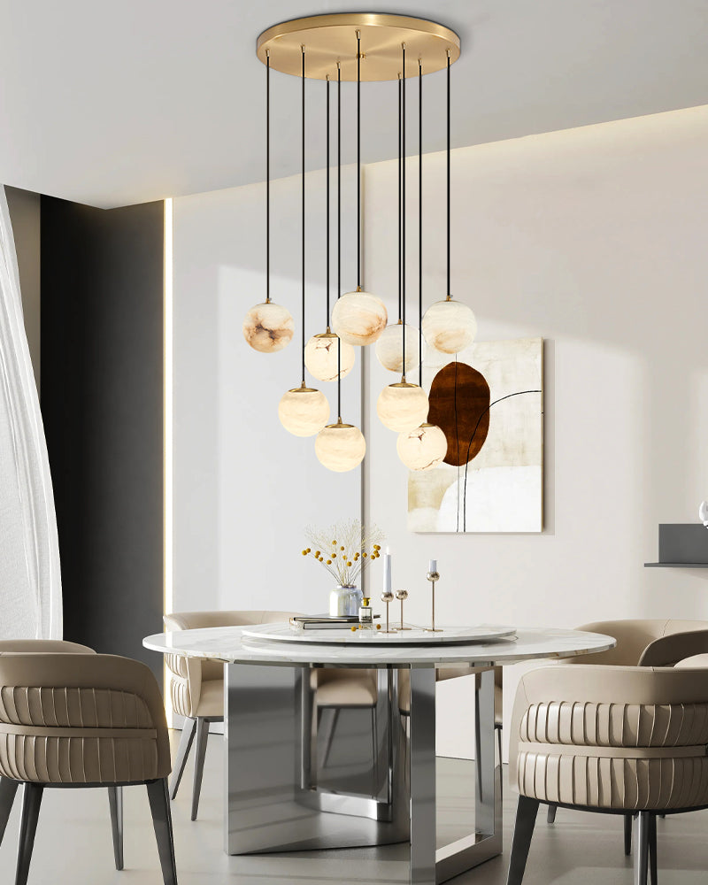 Alabaster Round Pendant Lamp with Cluster Ceiling Design for Stair Villa