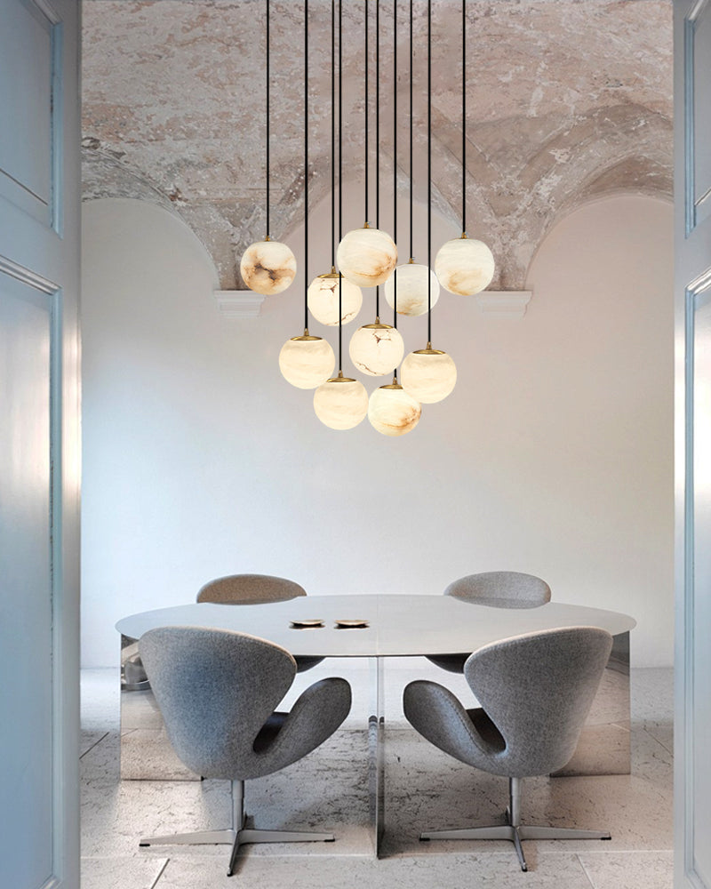 Alabaster Round Pendant Lamp with Cluster Ceiling Design for Stair Villa