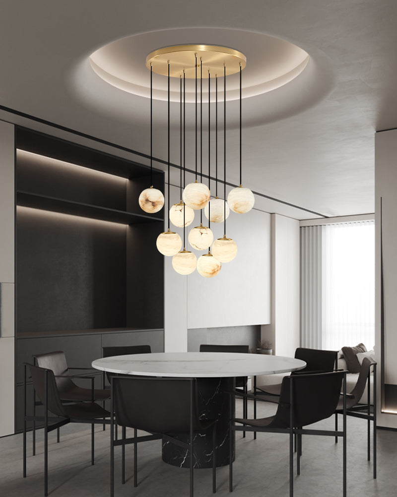 Alabaster Round Pendant Lamp with Cluster Ceiling Design for Stair Villa