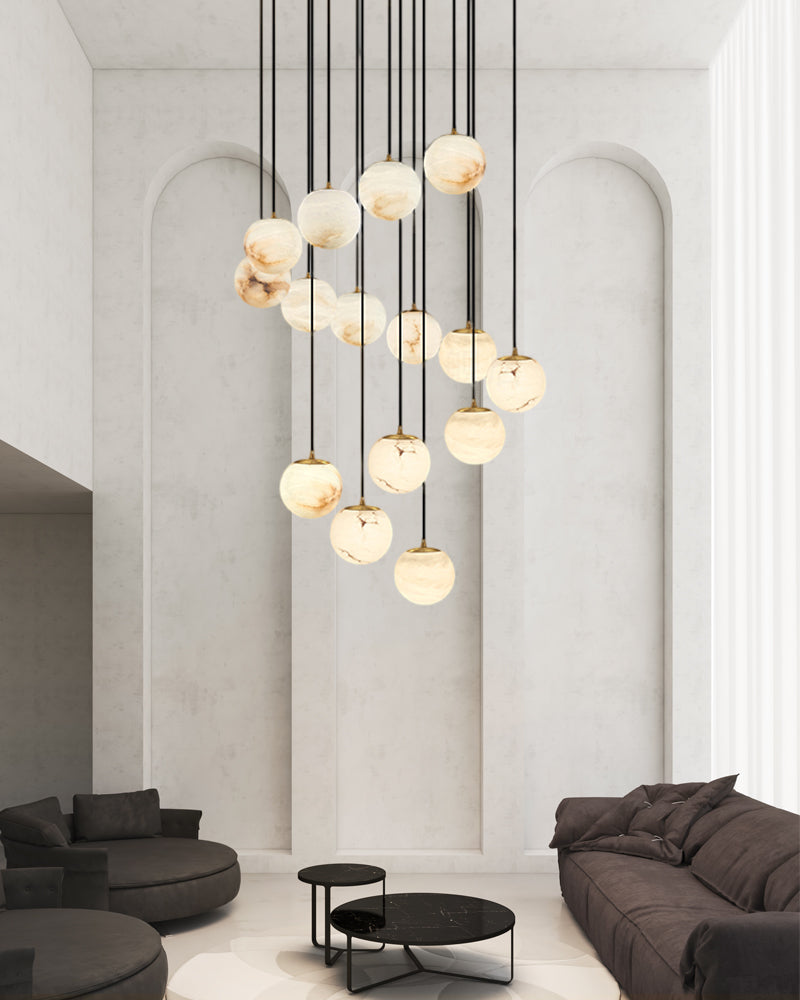 Alabaster Round Pendant Lamp with Cluster Ceiling Design for Stair Villa