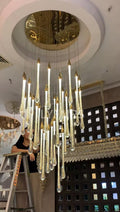 Foyer Glass Drops Pendant Chandelier Spiral Staircase High Ceiling Light Fixture In Gold Finish-King Lamps