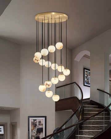 Alabaster Round Pendant Lamp with Cluster Ceiling Design for Stair Villa