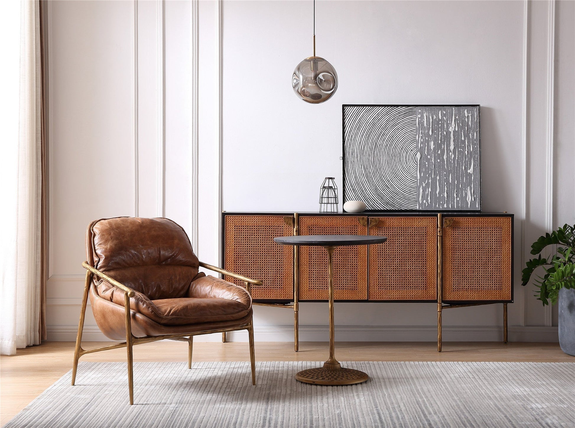 Thaddeus Forged Iron Brown Leather Accent Chairs - King Lamps