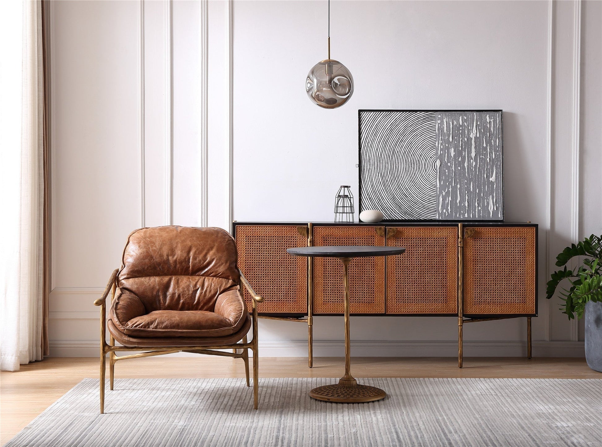 Thaddeus Forged Iron Brown Leather Accent Chairs - King Lamps