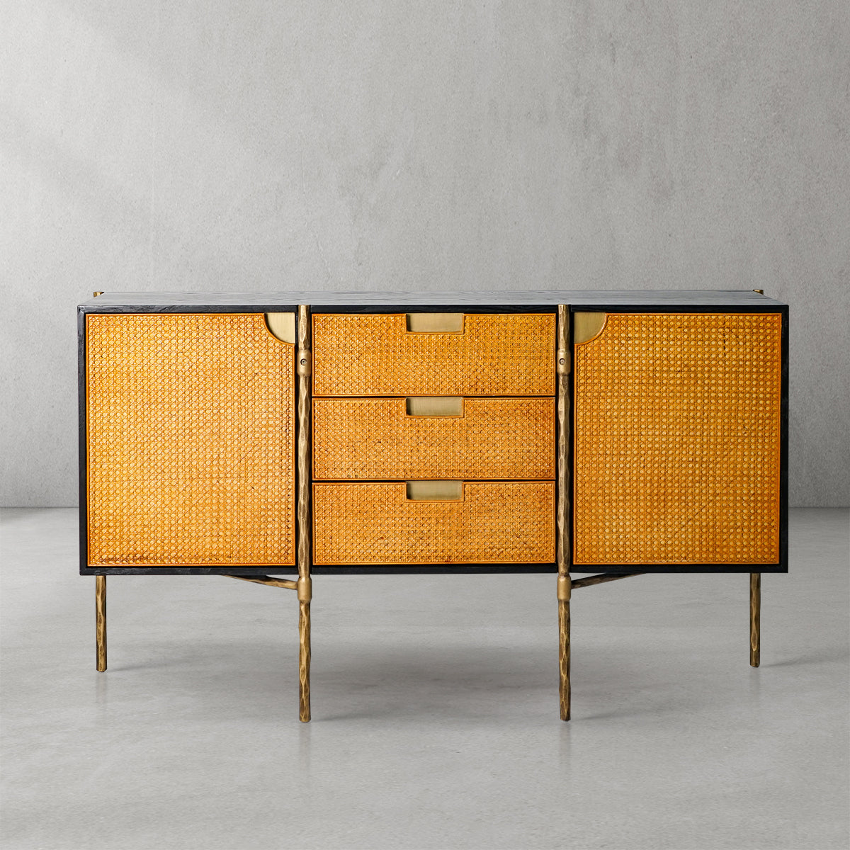 Vintage Forged Metal Frame Rattan Side Cabinet - King Lamps