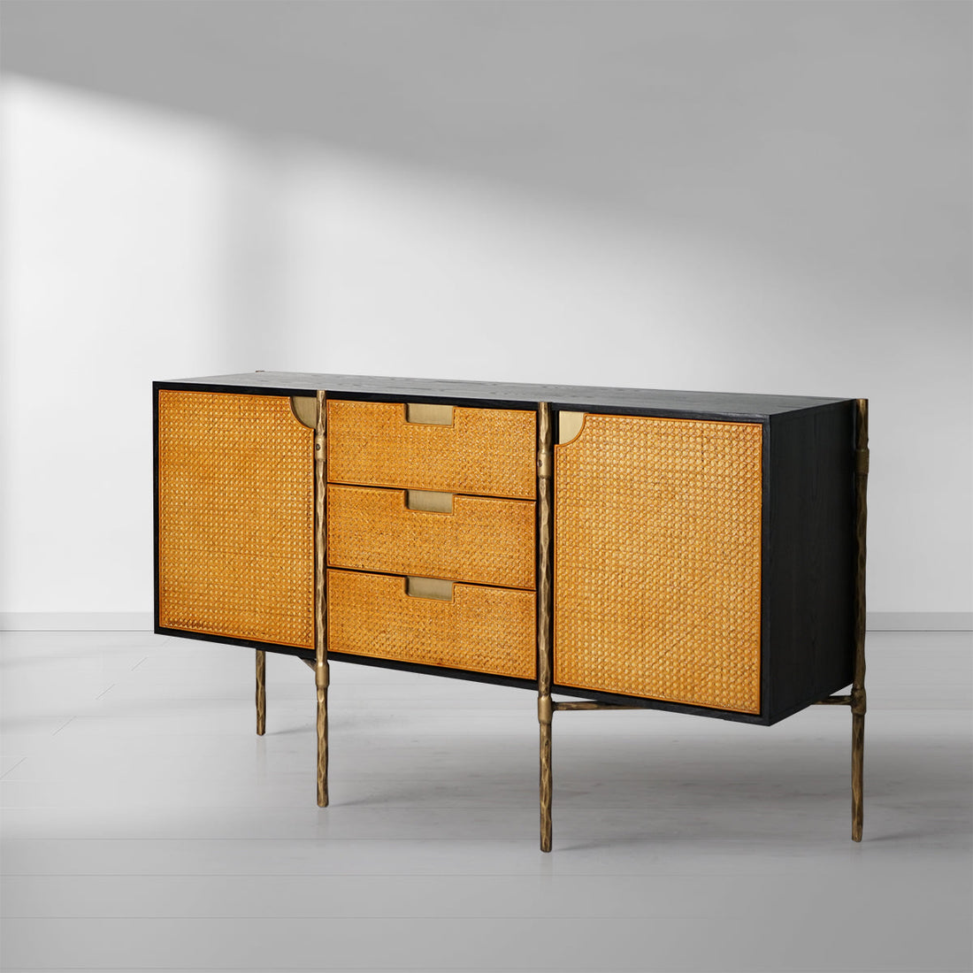 Vintage Forged Metal Frame Rattan Side Cabinet - King Lamps