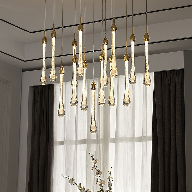 Foyer Glass Drops Pendant Chandelier Spiral Staircase High Ceiling Light Fixture In Gold Finish-King Lamps