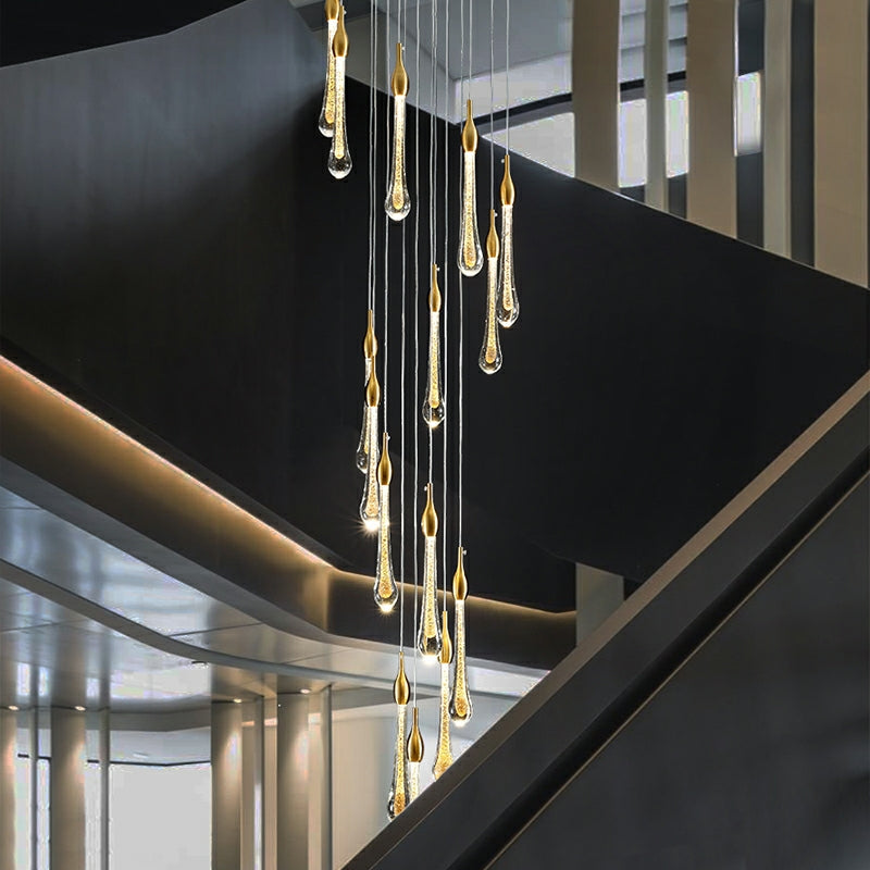 Foyer Glass Drops Pendant Chandelier Spiral Staircase High Ceiling Light Fixture In Gold Finish-King Lamps