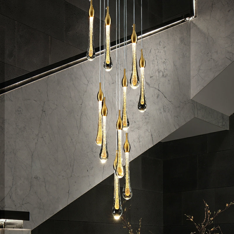 Foyer Glass Drops Pendant Chandelier Spiral Staircase High Ceiling Light Fixture In Gold Finish-King Lamps