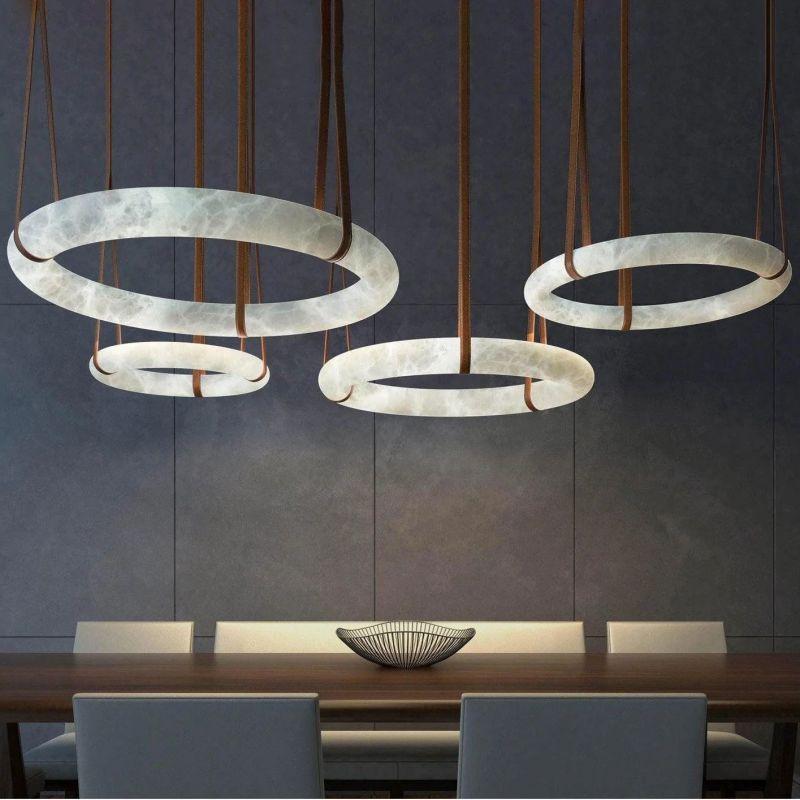 Olso Alabaster Ring Round Pendant Chandelier, Modern Leather Strip Chandelier - King Lamps