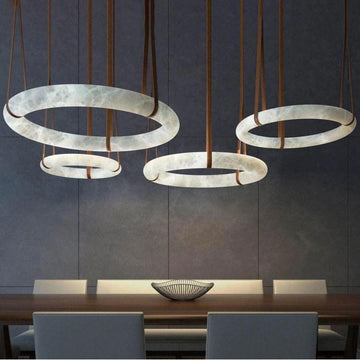 Olso Alabaster Ring Round Pendant Chandelier, Modern Leather Strip Chandelier - King Lamps