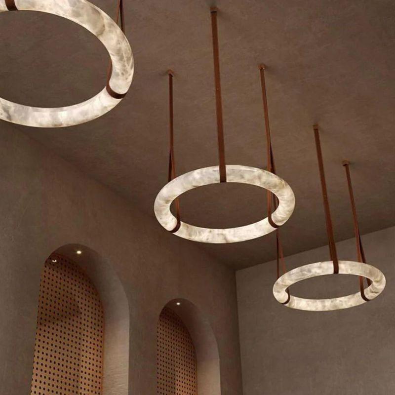 Olso Alabaster Ring Round Pendant Chandelier, Modern Leather Strip Chandelier - King Lamps
