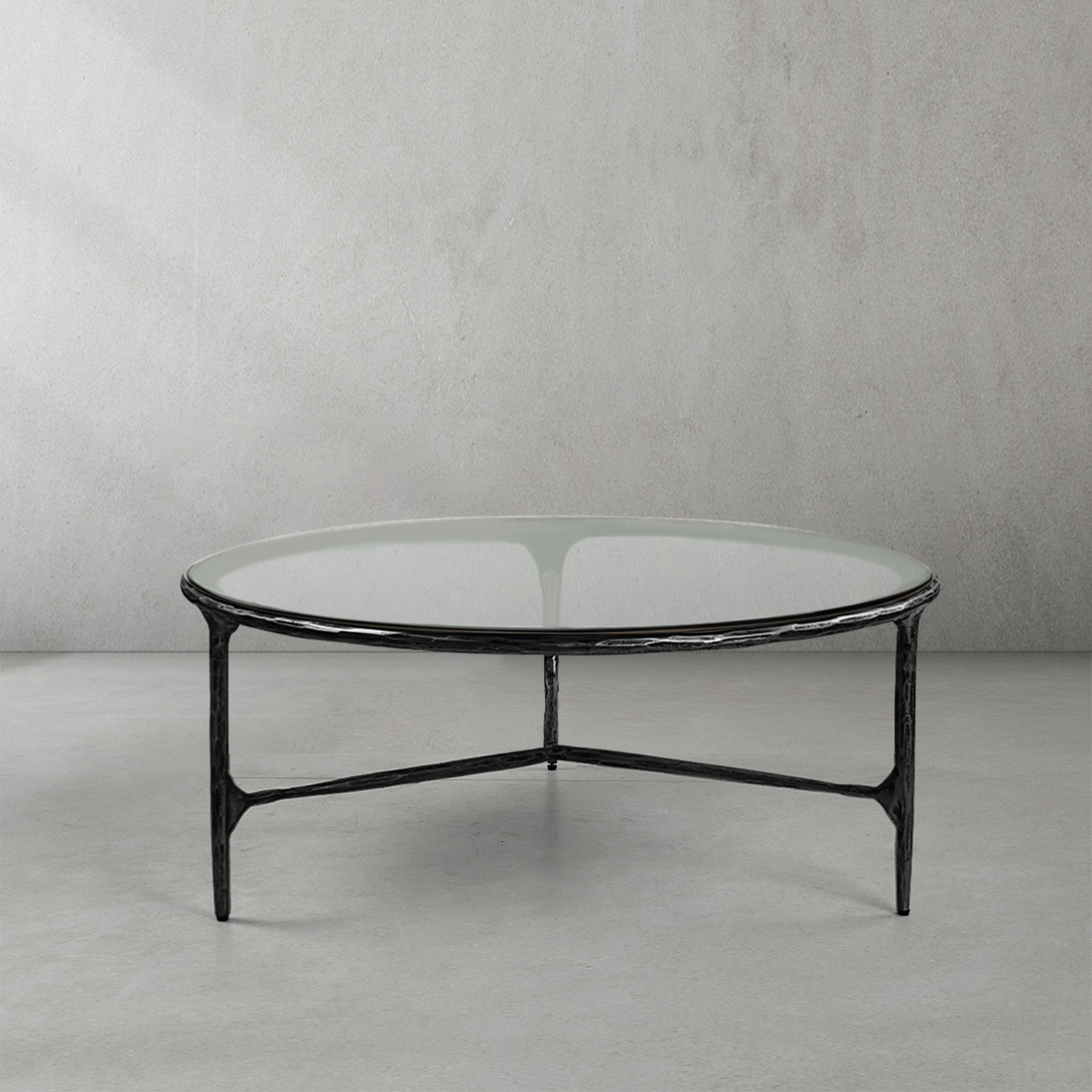 Thaddeus Forged Iron Glass Round Coffee Table 3 Table Legs 35" - King Lamps