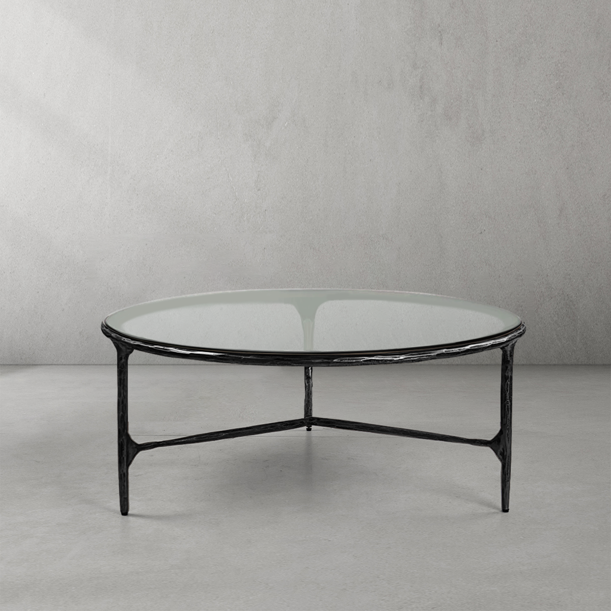 Thaddeus Forged Iron Glass Round Coffee Table 3 Table Legs 35" - King Lamps