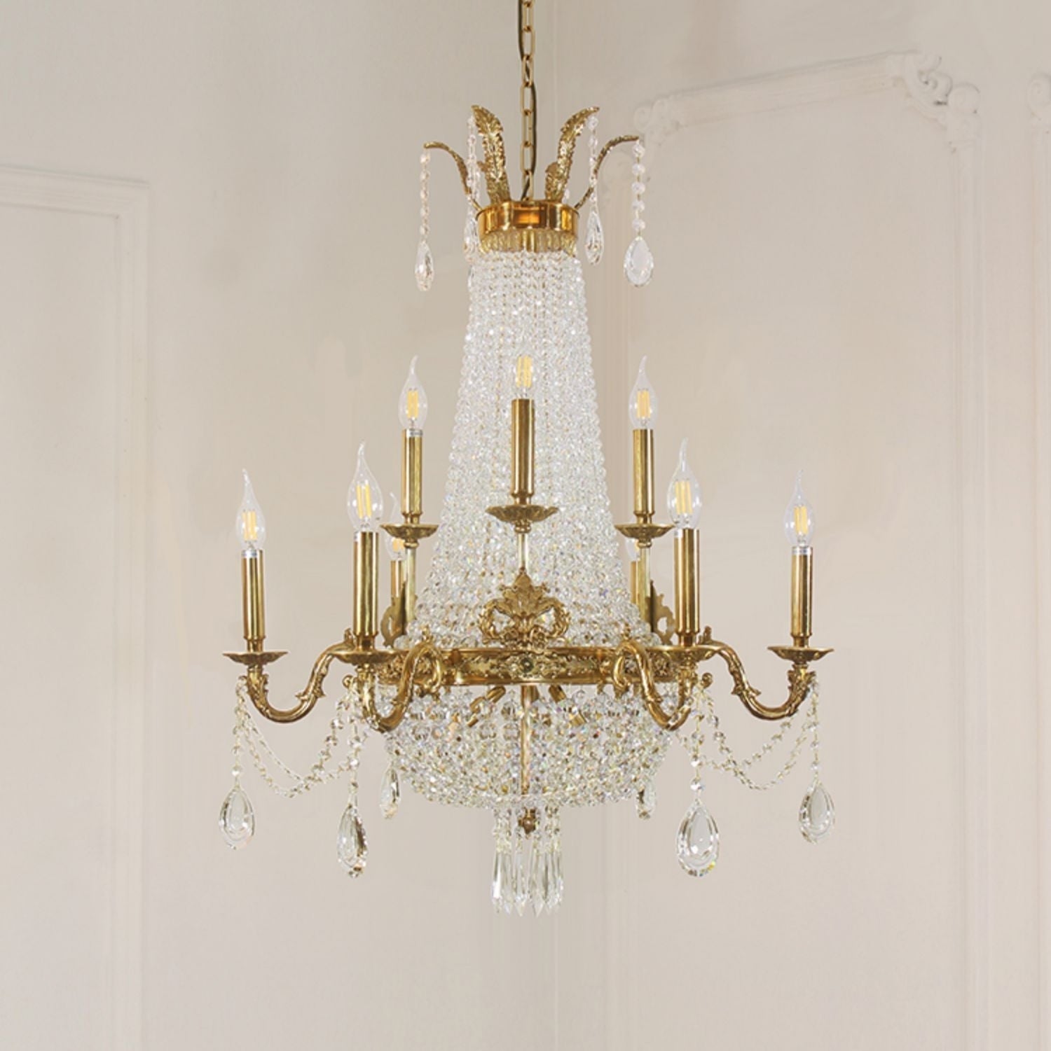 8/12/15 Lights Decorative Empire Brass Candles Crystal Chandelier Romantic Foyer Living Room Ceiling Light Fixture in Pure Copper Finish-King Lamps