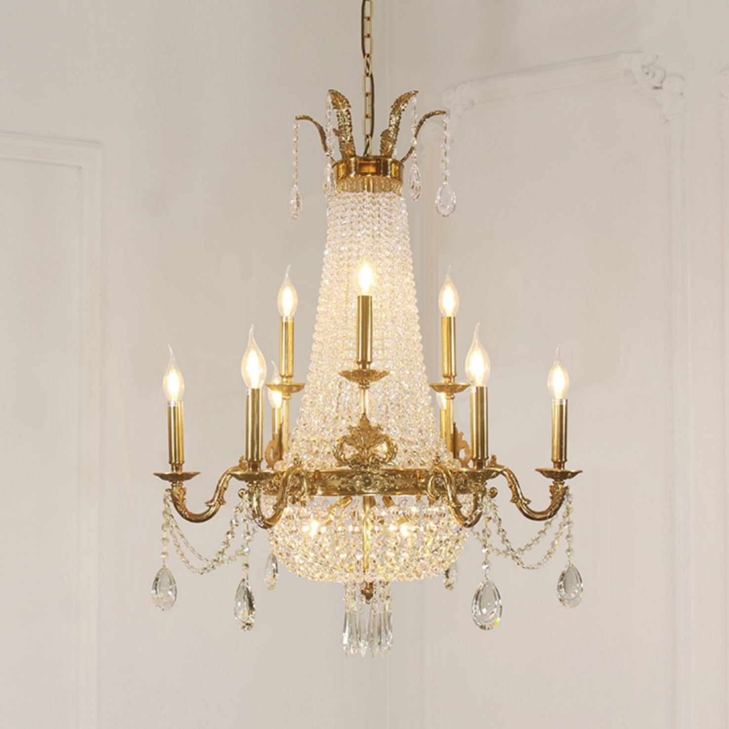 8/12/15 Lights Decorative Empire Brass Candles Crystal Chandelier Romantic Foyer Living Room Ceiling Light Fixture in Pure Copper Finish-King Lamps