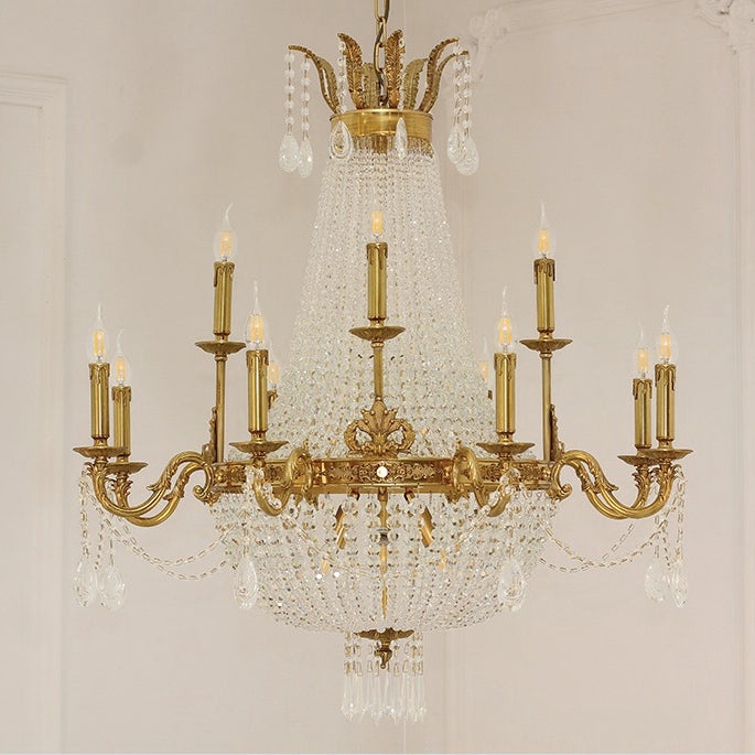 8/12/15 Lights Decorative Empire Brass Candles Crystal Chandelier Romantic Foyer Living Room Ceiling Light Fixture in Pure Copper Finish-King Lamps