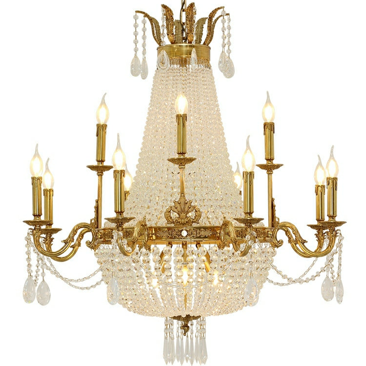 8/12/15 Lights Decorative Empire Brass Candles Crystal Chandelier Romantic Foyer Living Room Ceiling Light Fixture in Pure Copper Finish-King Lamps