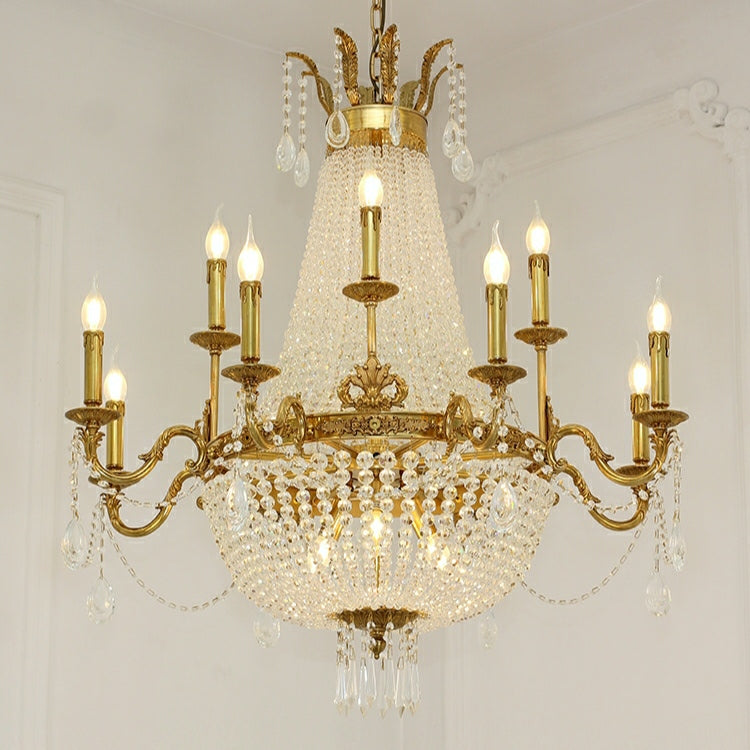 8/12/15 Lights Decorative Empire Brass Candles Crystal Chandelier Romantic Foyer Living Room Ceiling Light Fixture in Pure Copper Finish-King Lamps