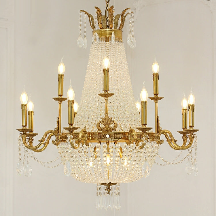8/12/15 Lights Decorative Empire Brass Candles Crystal Chandelier Romantic Foyer Living Room Ceiling Light Fixture in Pure Copper Finish-King Lamps