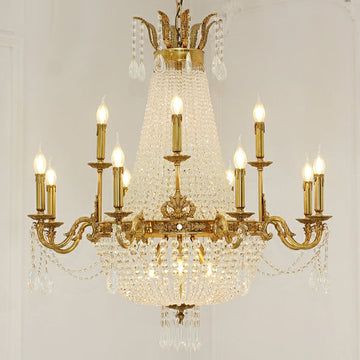 8/12/15 Lights Decorative Empire Brass Candles Crystal Chandelier Romantic Foyer Living Room Ceiling Light Fixture in Pure Copper Finish-King Lamps
