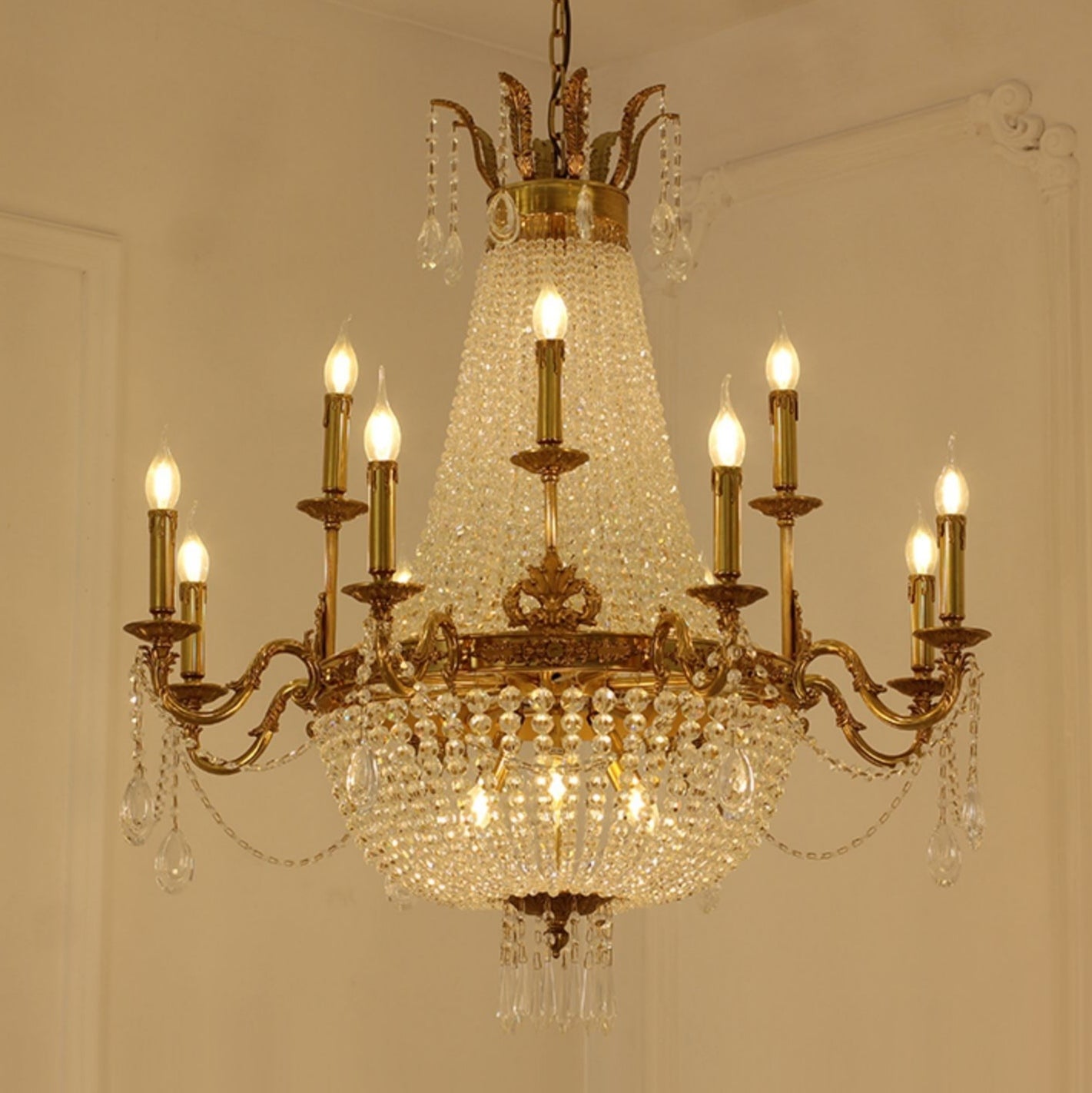 8/12/15 Lights Decorative Empire Brass Candles Crystal Chandelier Romantic Foyer Living Room Ceiling Light Fixture in Pure Copper Finish-King Lamps