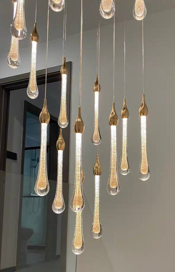 Foyer Glass Drops Pendant Chandelier Spiral Staircase High Ceiling Light Fixture In Gold Finish-King Lamps