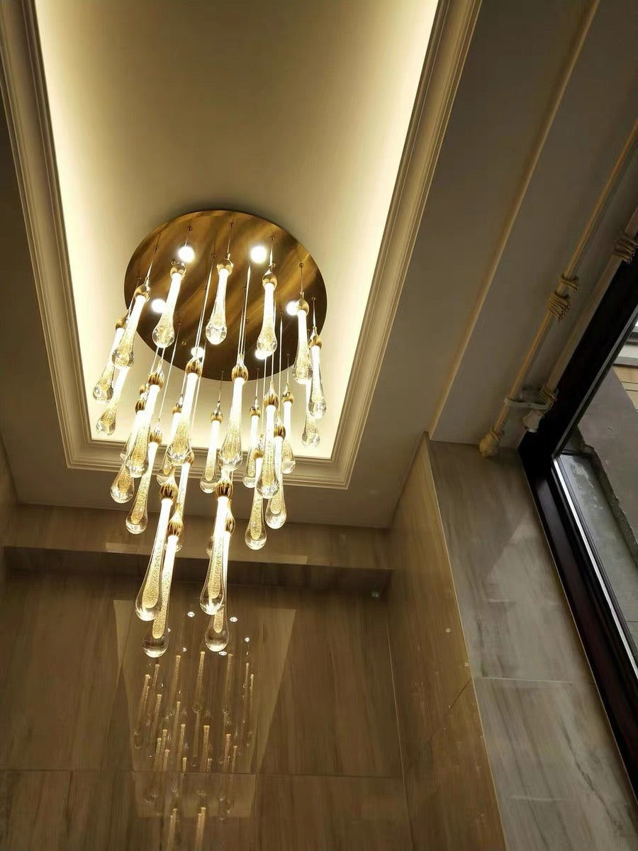 Foyer Glass Drops Pendant Chandelier Spiral Staircase High Ceiling Light Fixture In Gold Finish-King Lamps