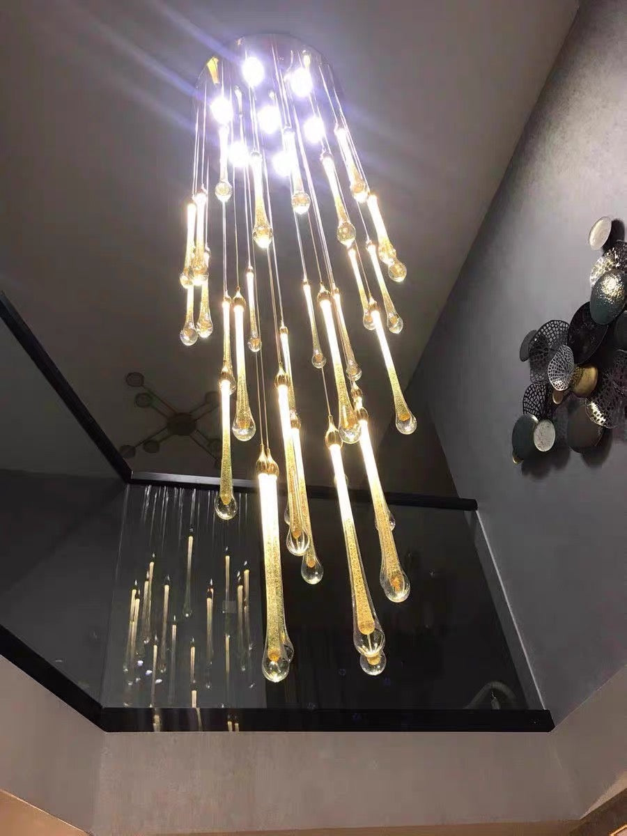 Foyer Glass Drops Pendant Chandelier Spiral Staircase High Ceiling Light Fixture In Gold Finish-King Lamps