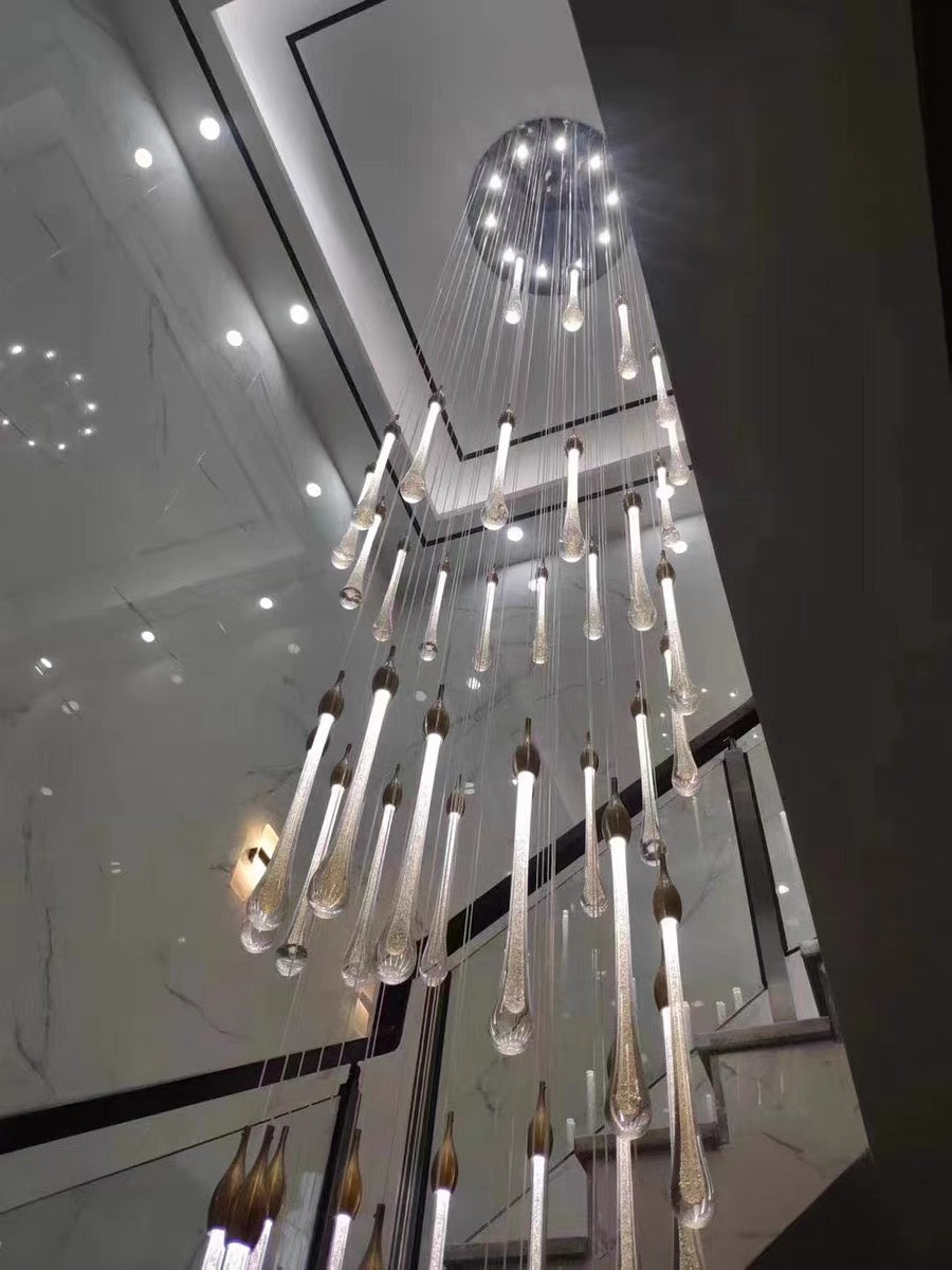 Foyer Glass Drops Pendant Chandelier Spiral Staircase High Ceiling Light Fixture In Gold Finish-King Lamps