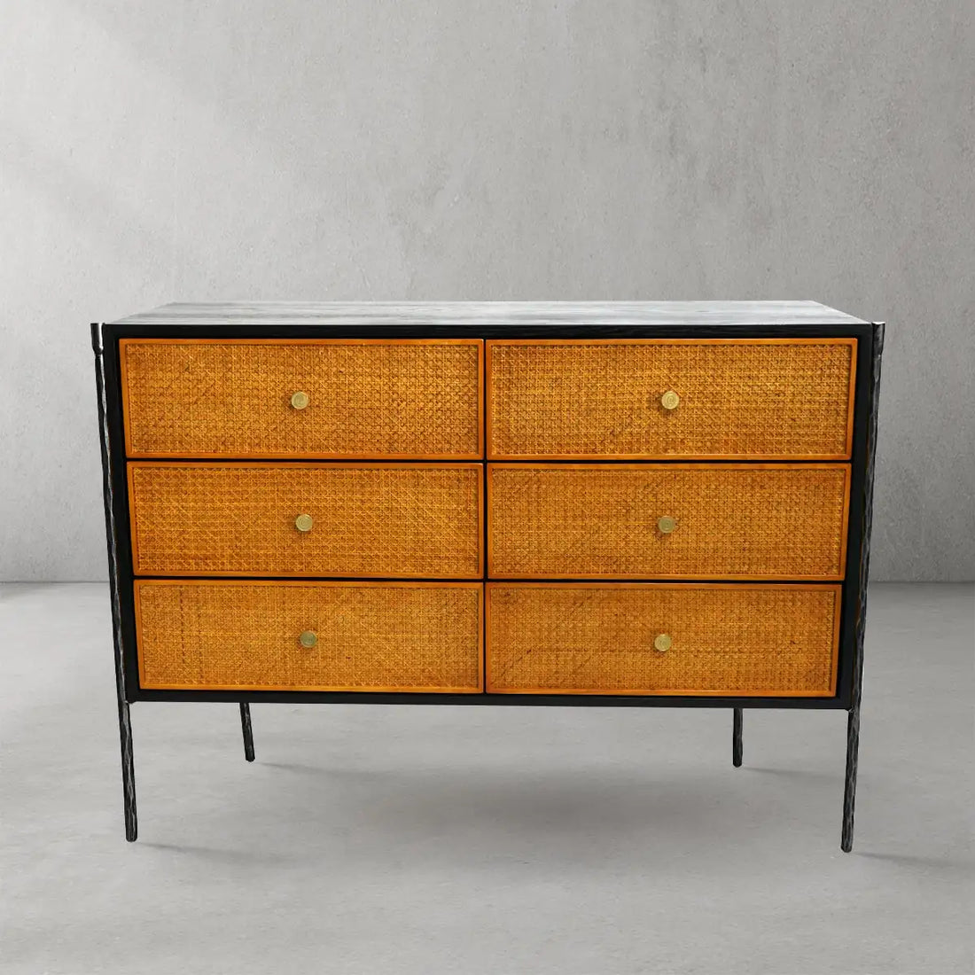 Thaddies Metal Frame Rattan 6-Drawer Side Cabinet-Kinglamps