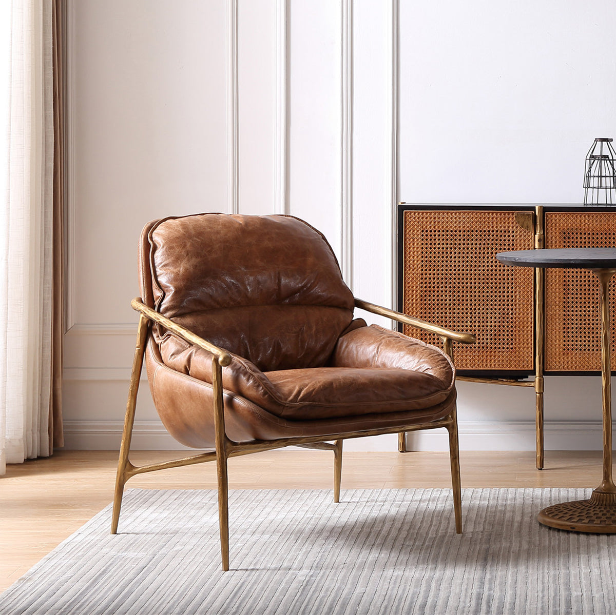 Thaddeus Forged Iron Brown Leather Accent Chairs - King Lamps
