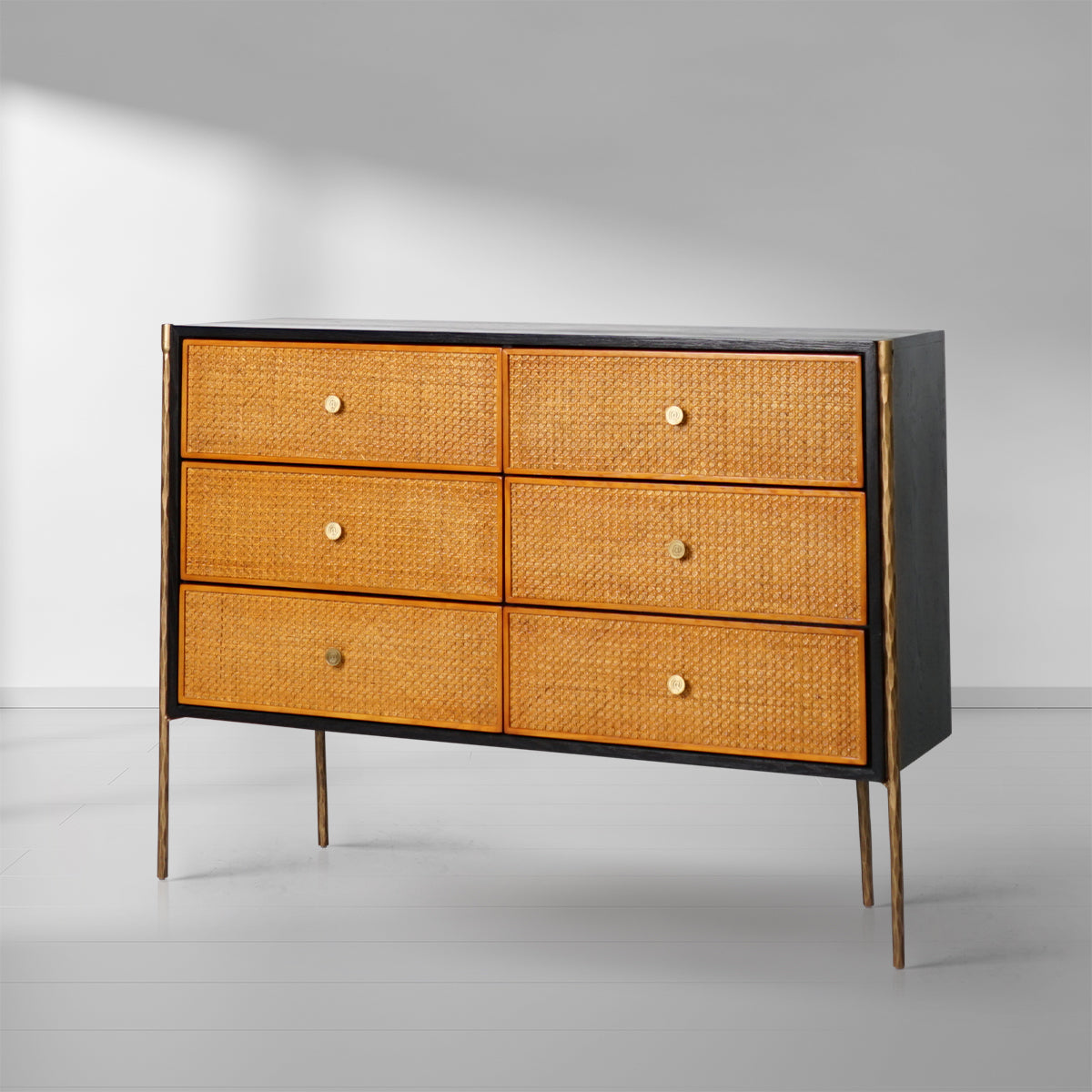 Thaddies Metal Frame Rattan 6-Drawer Side Cabinet-Kinglamps