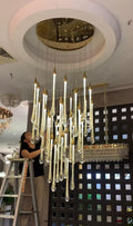 Foyer Glass Drops Pendant Chandelier Spiral Staircase High Ceiling Light Fixture In Gold Finish-King Lamps