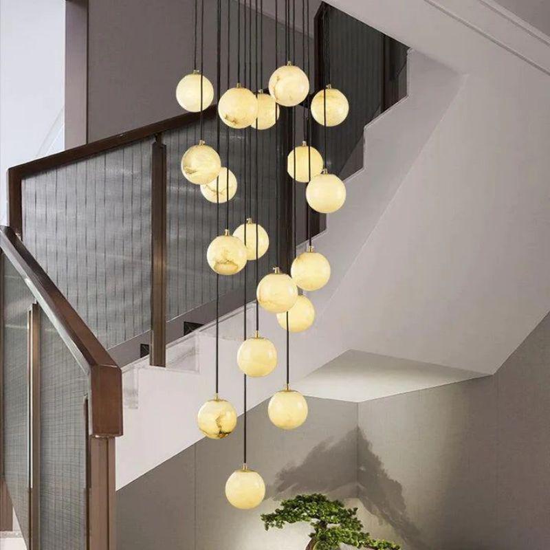 Alabaster Global Pendant Chandelier For Staircase, Spiral Global Pendant - 16 Lights - 19.7" DBlushlighting