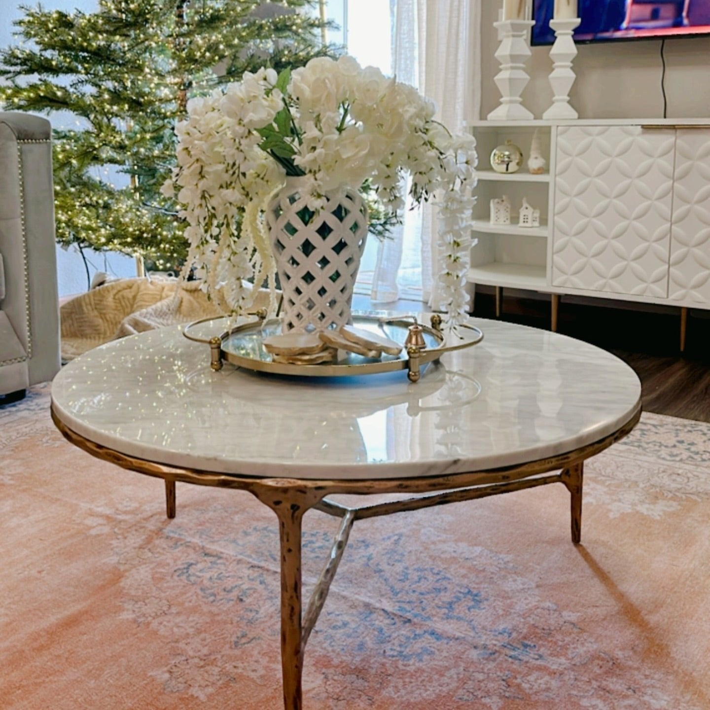 Thaddeus Forged Iron Marble Round Coffee Table 3 Table Legs 35" - King Lamps