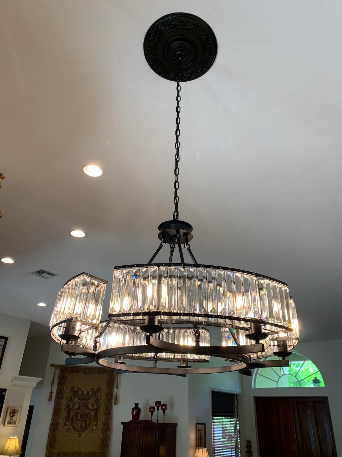 Decorative 6/ 8/ 10/ 12-Light Crystal Ceiling Chandelier Triangular Prism Island Light Fixture Metal Shade for Living Room-King Lamps